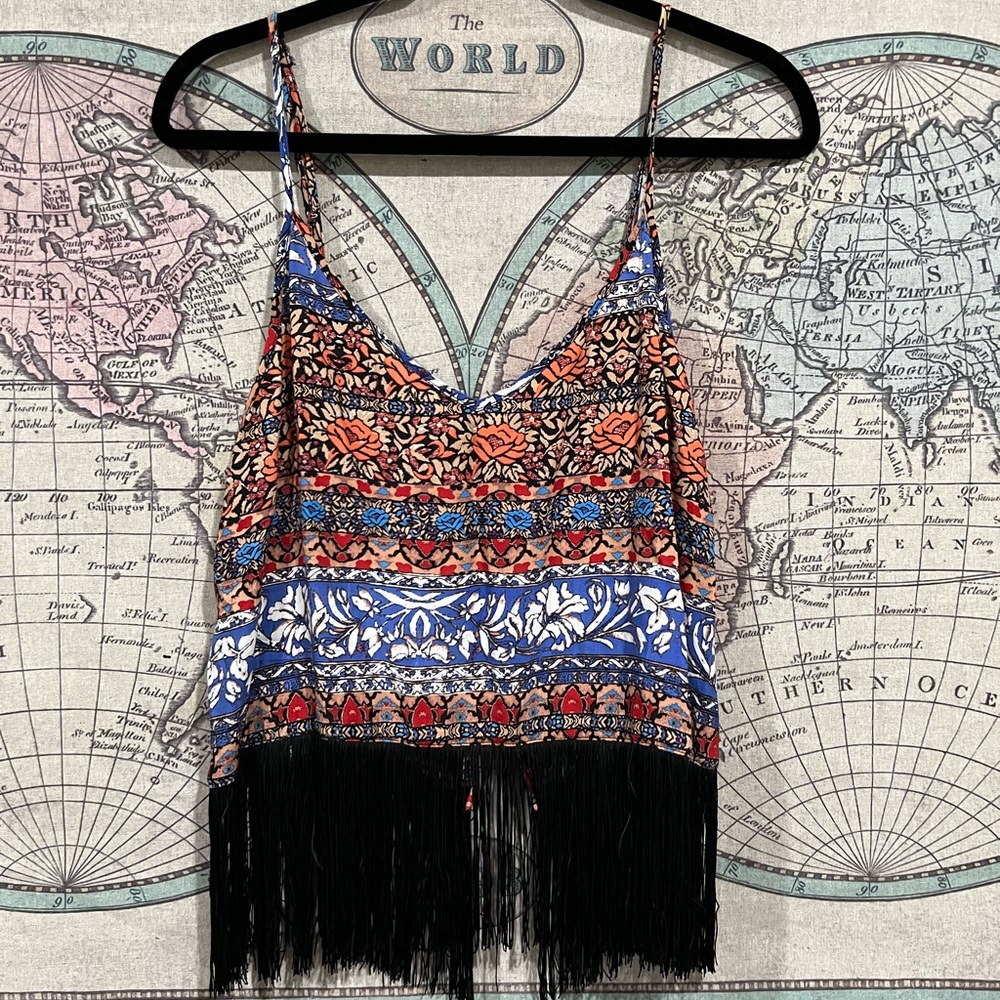 Forever 21 Spaghetti Strap printed black tassel tank top